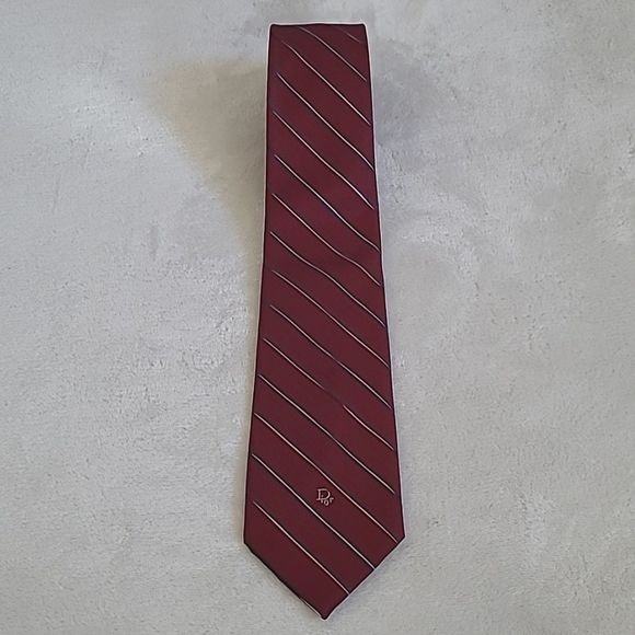 Vintage Christian Dior Men's Necktie Red Navy White Regimental Stripe Short Tie - Picture 3 of 16